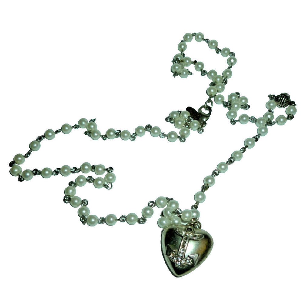 Aeropostale Faux Pearl Puffy‎ Heart Necklace Pendant Silver Tone Anchor 33"